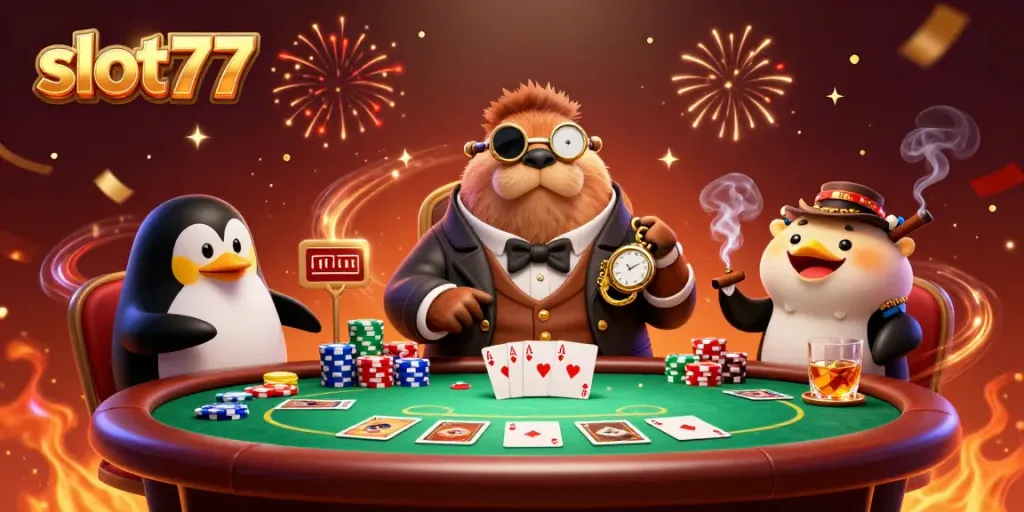 Permainan taruhan di slot77 saat pertemuan walrus jolly, dealer penguin, dan ikan puffer.