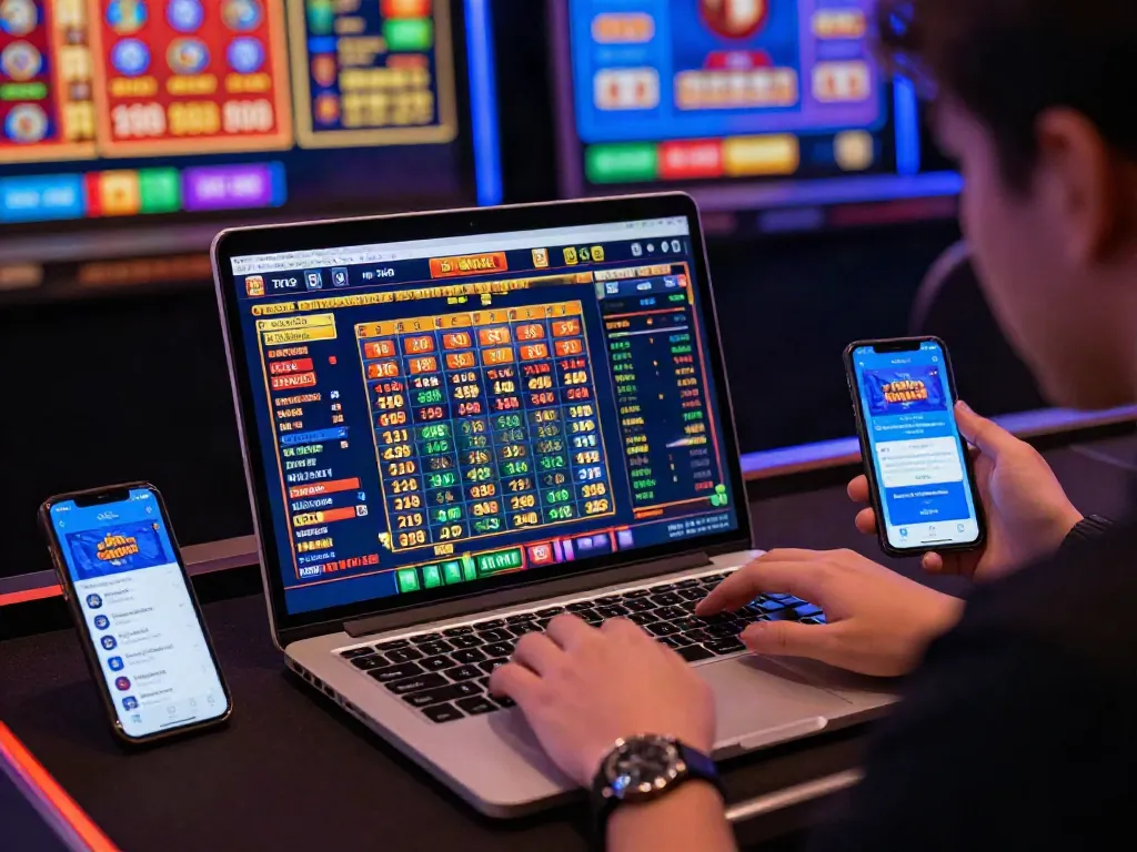Permainan Bandar Toto Macau dengan angka pemenang dan grafik data di layar laptop.