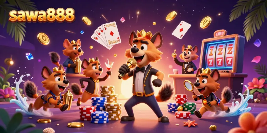 Engage with sawa888 in a lively casino atmosphere featuring hyena comedians, golden coins, and vibrant decor.