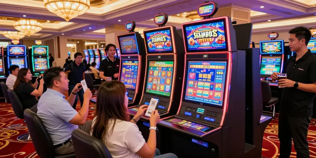 Exciting Seributoto slot machine experience with players celebrating wins on a vibrant casino floor.