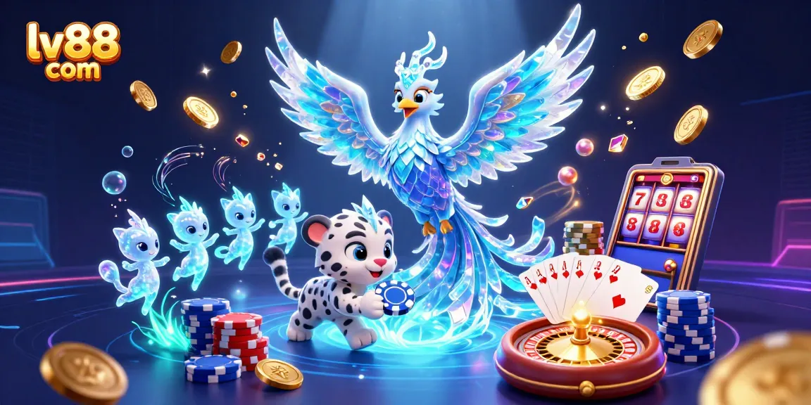 Experience thrilling moments at lv88 com in this vibrant 3D casino scene featuring characters and gaming elements.