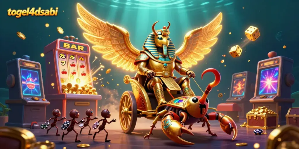 Menang dengan togel4dsabi: ilustrasi 3D ceria dengan karakter kasino dan jackpot.