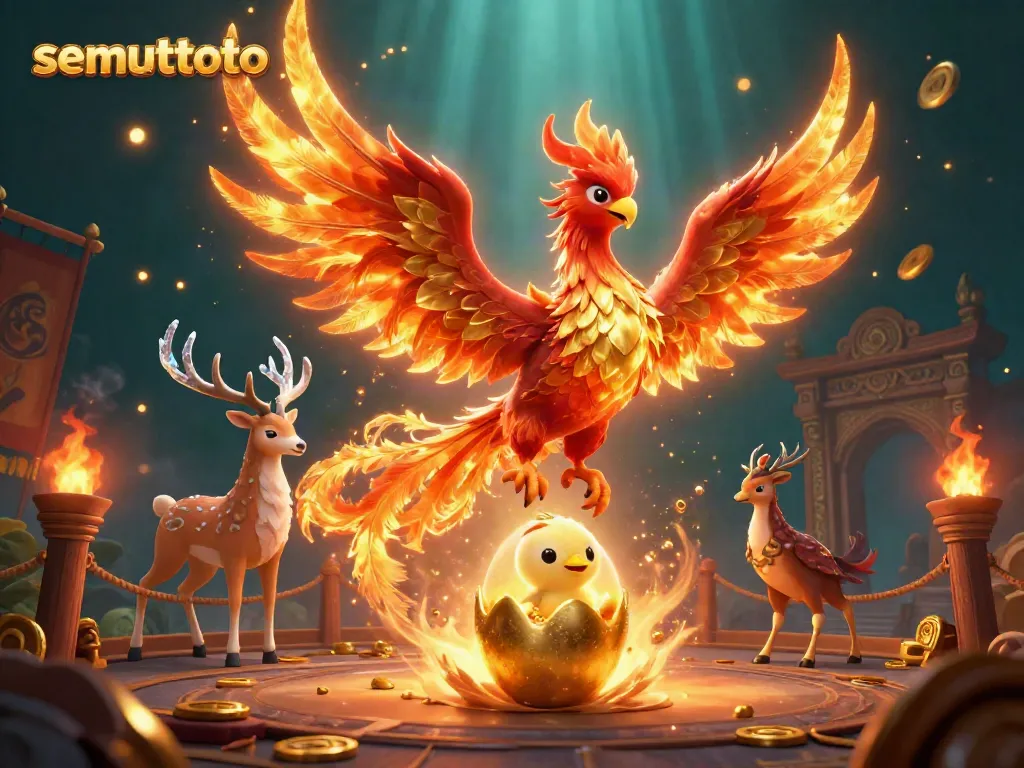 Menangkan taruhan togel dengan semuttoto dalam ilustrasi 3D mengagumkan yang menampilkan karakter phoenix dan elemen judi.