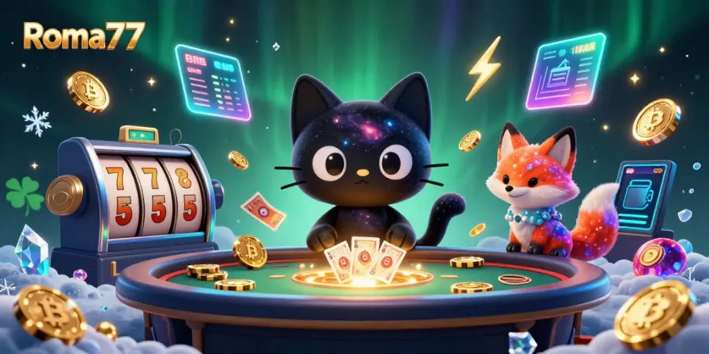 Experience the excitement of Roma77 at a cosmic casino filled with vibrant 3D elements and characters.