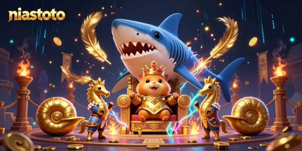Experience the vibrant niastoto gaming scene with a dynamic hamster king and seahorse guards.