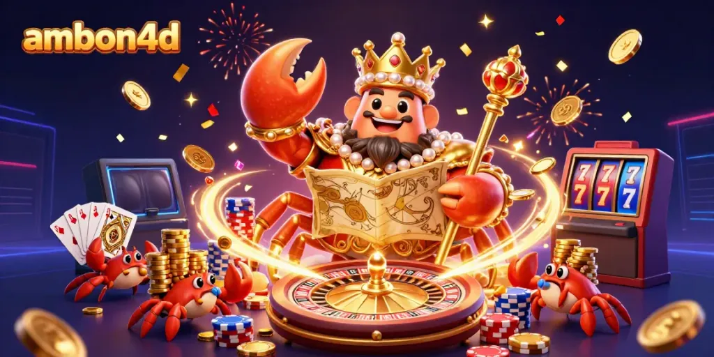Experience the thrill of ambon4d with a dynamic 3D scene showcasing a golden crab emperor and gaming elements.
