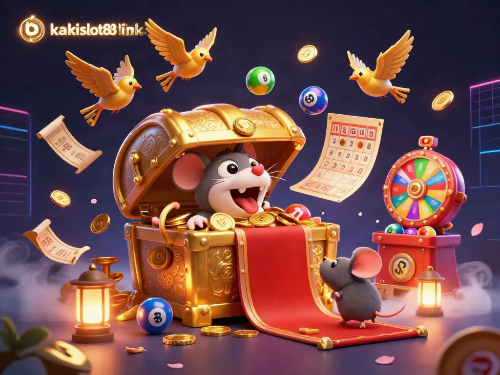 Permainan slot dengan link kakislot88 menunjukkan peti harta karun yang menggoda dan bola lotere berwarna-warni.