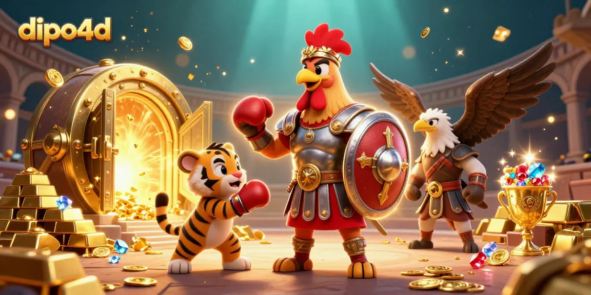 Engage in thrilling competition at dipo4d, featuring a gladiator rooster and treasure elements.