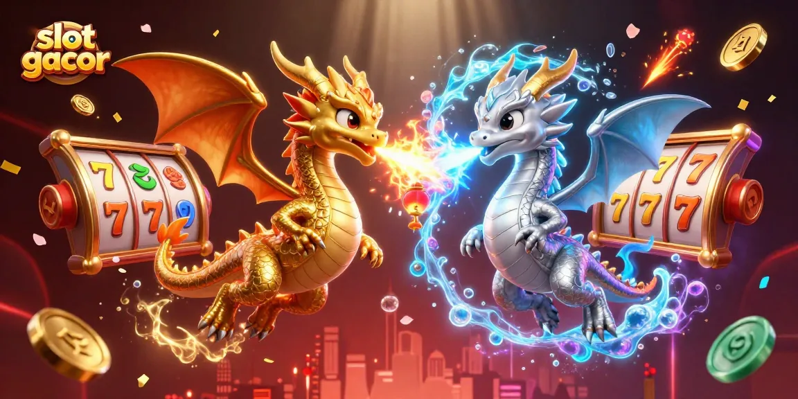 Visualisasi slot gacor yang menampilkan naga berwarna emas dan perak berputar dengan elemen mesin slot.