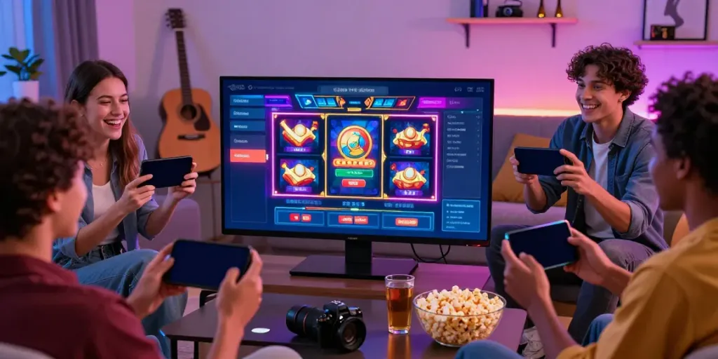 SLOTGEMBIRA gaming session with friends enjoying interactive slot game on a large screen.