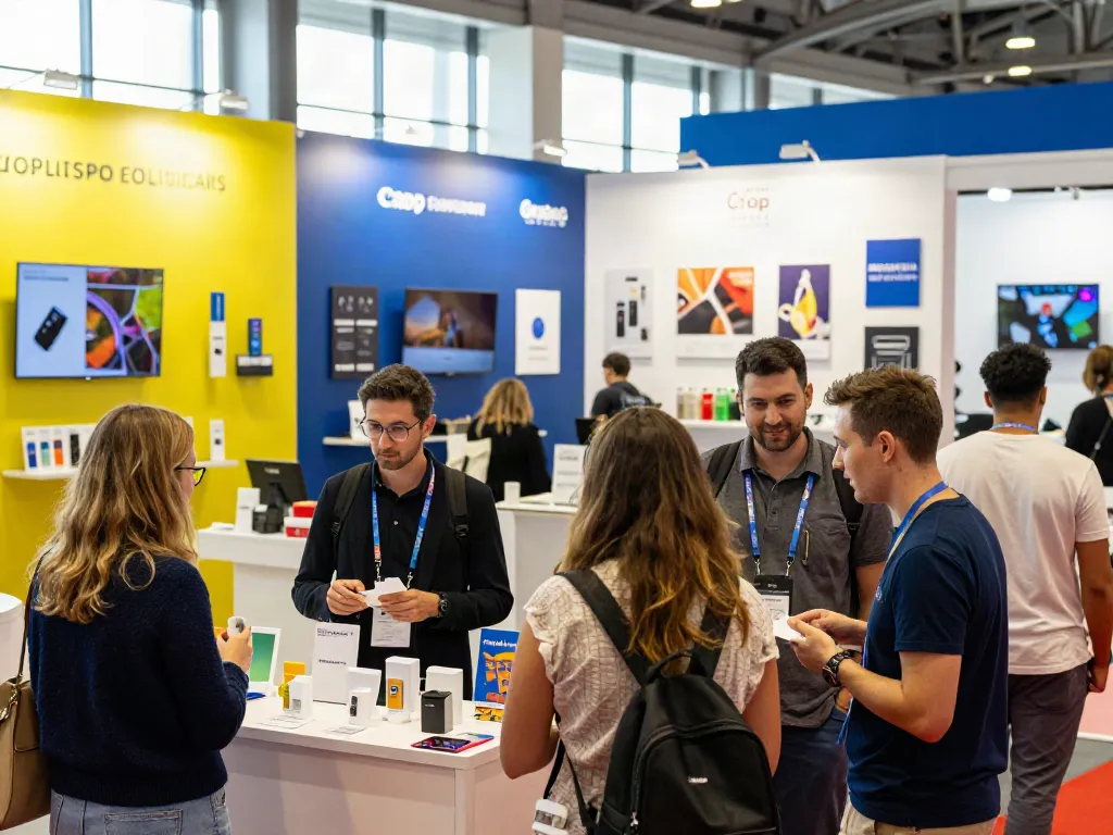 Interactive exhibition scene showcasing Eksibitor engaging with attendees at a trade show, vibrant displays in a dynamic setting.