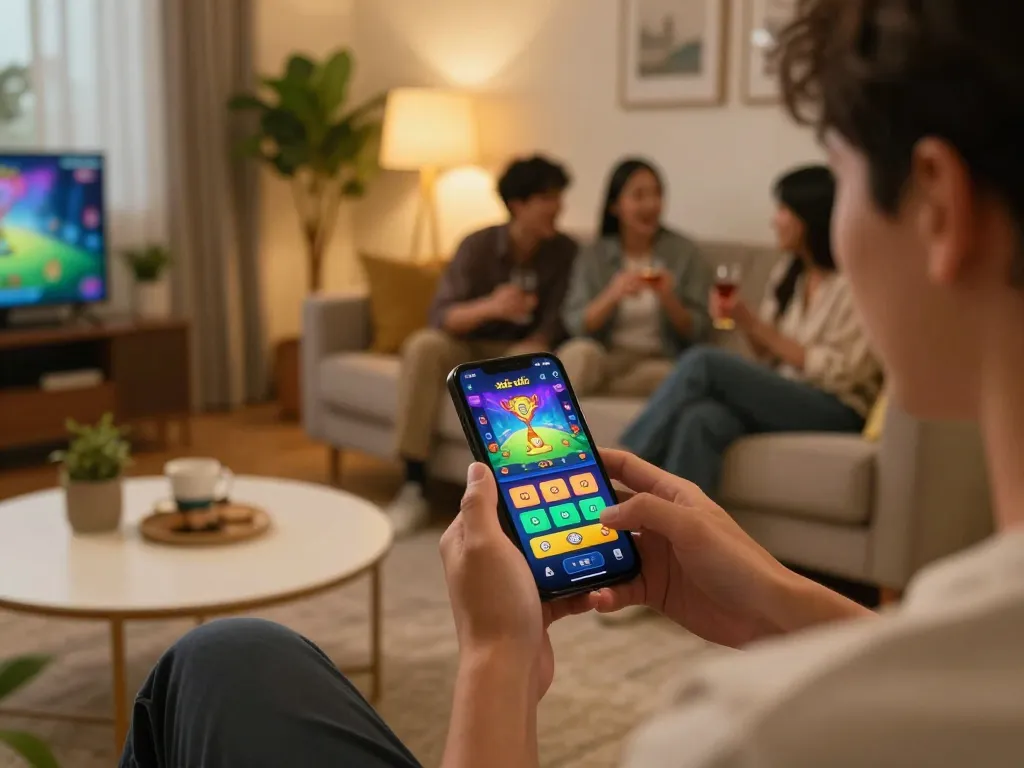 xóc đĩa là gì - A player engaging with a mobile app for online xóc đĩa in a cozy home setting.
