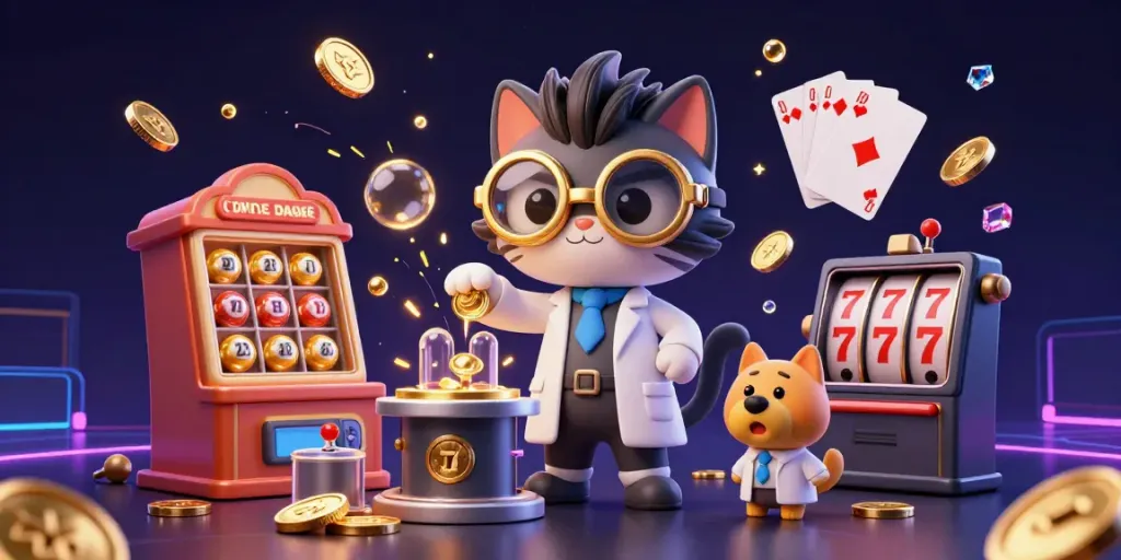 TUTITOTO cat and dog creating a fun lottery scene with golden coins and jackpot machines.