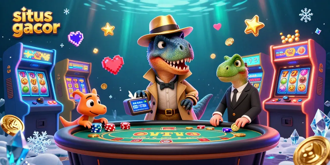 Experience situs gacor unique gameplay with cartoon dinosaurs engaging at a blackjack table in a vibrant scene.