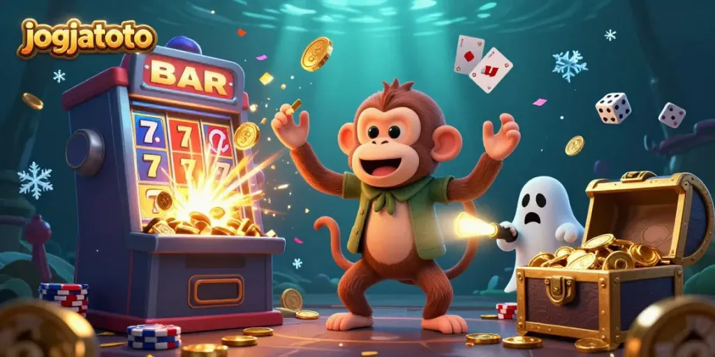 Engage with jogjatoto's exciting haunted casino scene featuring a playful monkey and ghost-hunter puppy.