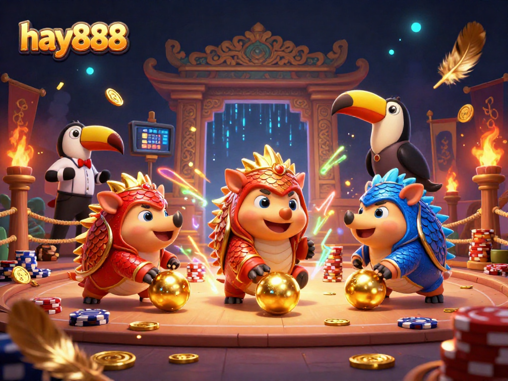 Experience thrilling moments at hay888, where pangolins roll through poker chips and golden balls in a lively casino atmosphere.