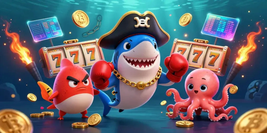 Join the fun at nhà cái W88 with a playful 3D scene featuring a pirate shark, pufferfish, and octopus collecting coins.