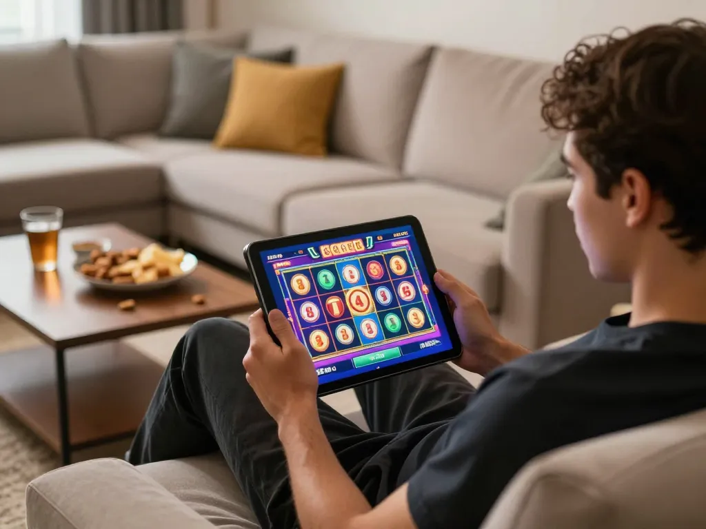 Pemain yang terlibat menikmati slot88 di tablet dengan visual yang vibrant dan suasana yang nyaman.