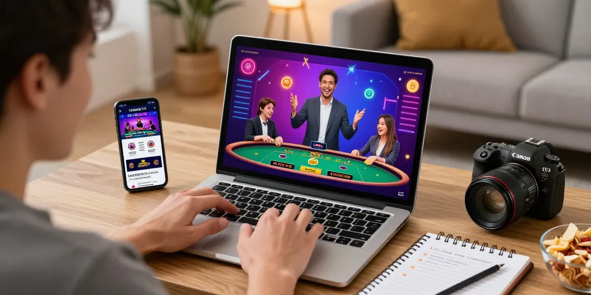 Pengguna menikmati pengalaman permainan dengan LUXURY777 Link Alternatif di laptop sambil dikelilingi suasana hangat dan dinamis.