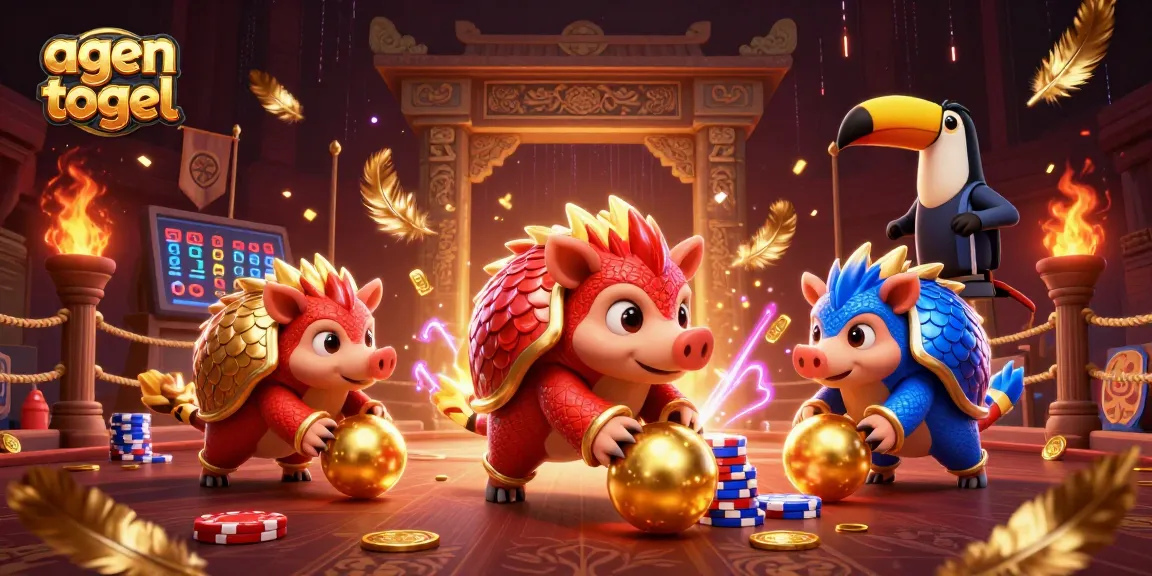 Agen togel mengelilingi bola emas sambil bermain dengan kartu judi di arena yang penuh warna dan detail