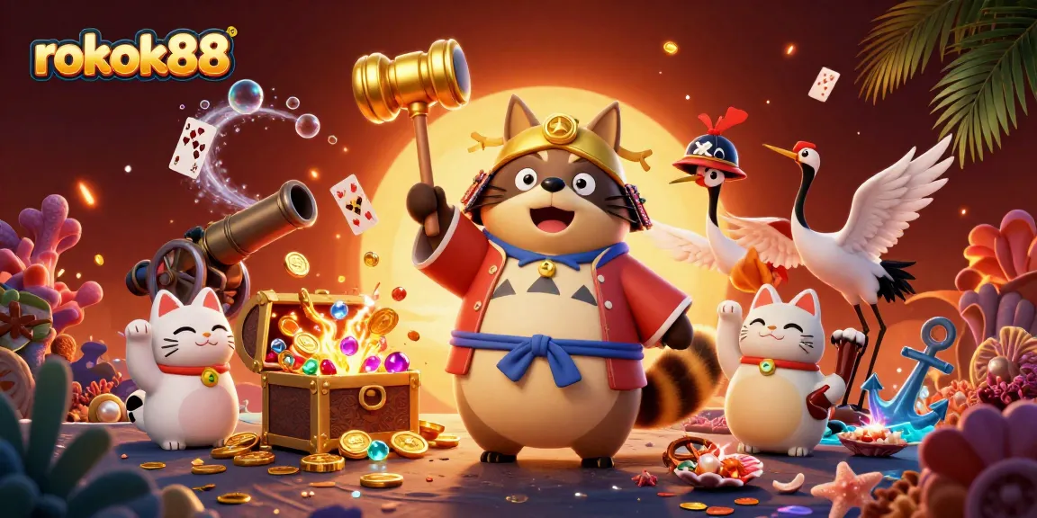 Engage with rokok88 in this vibrant gaming scene filled with luck, joy, and treasure.