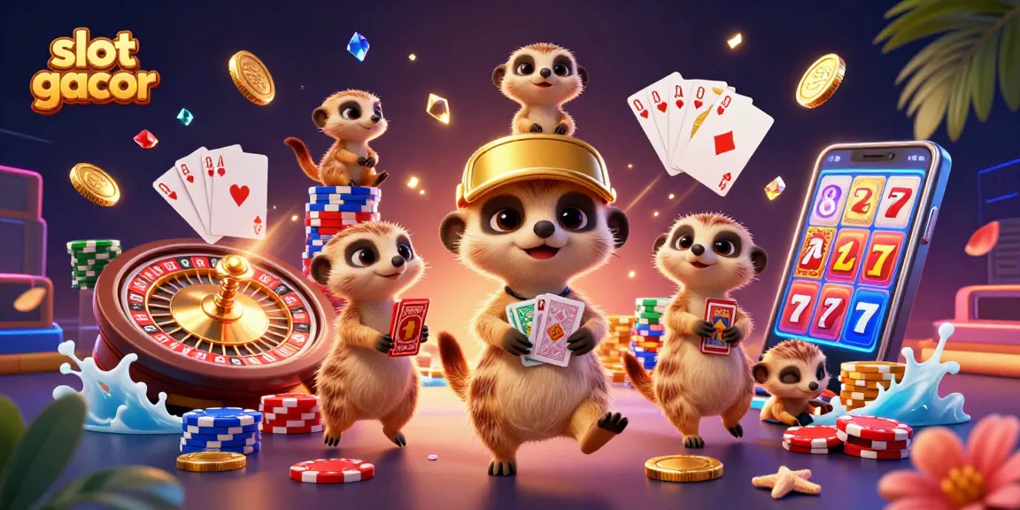 Slot gacor dengan koloni meerkat menjalankan kasino, kartu dan chip penuh warna.
