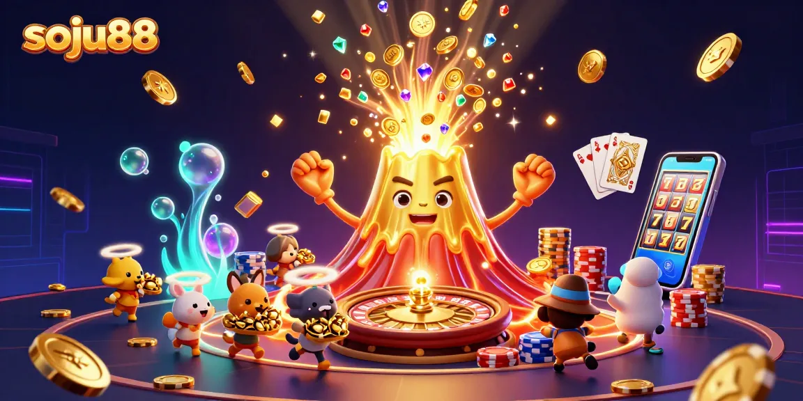 Experience excitement with soju88, showcasing a vibrant casino scene filled with treasures and gaming elements.