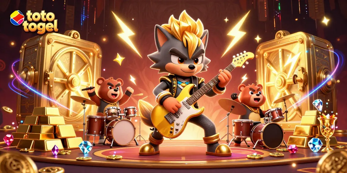 Engage with exciting toto togel action as a rock star wolf and drummer bear bring energy to the casino stage.