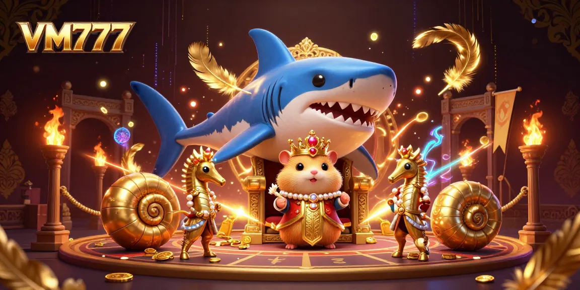 VM777 features a fierce hamster king in a dynamic casino-themed scene, showcasing epic gaming elements.