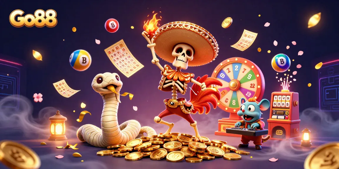 Go88 brings excitement with colorful lottery elements and animated characters celebrating wins in a vibrant casino.