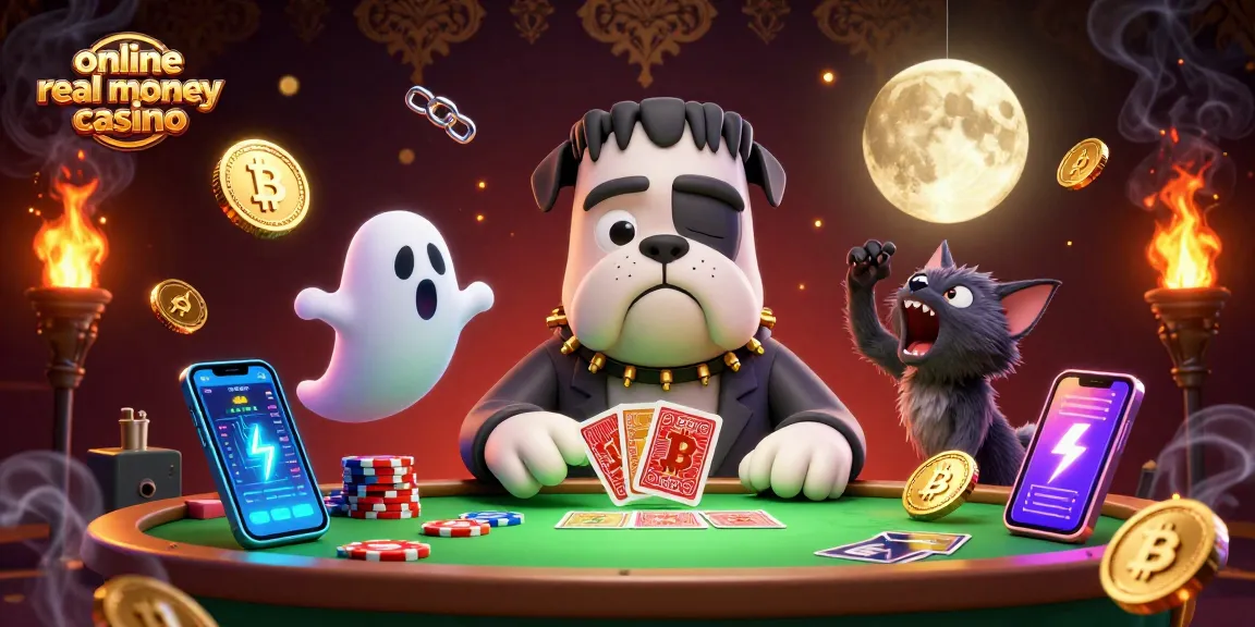 Experience the thrill of an online real money casino with a spooky casino scene featuring a Frankenstein bulldog dealer and crypto elements.