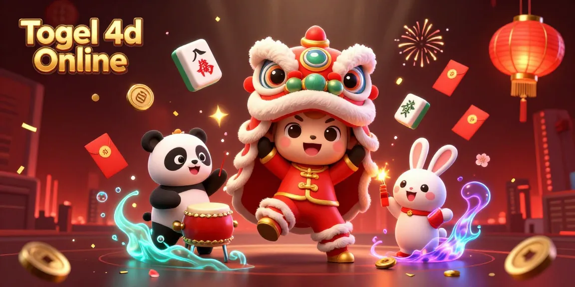 Togel 4d Online brings luck as cartoon characters celebrate with Mahjong and festive decorations in this vibrant illustration.