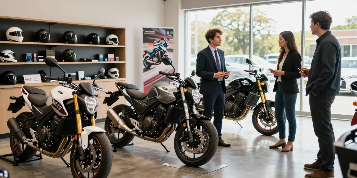 Pengunjung melihat LUXURY777 Situs Resmi Terbaru di showroom sepeda motor mewah modern.