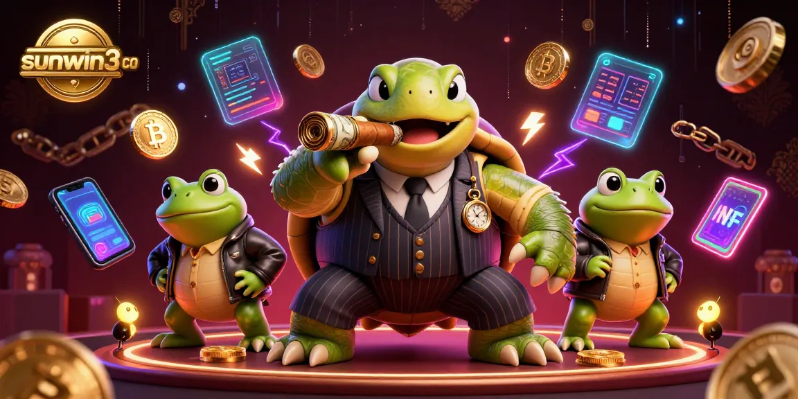 Experience thrilling gameplay at sunwin3 co with a vibrant 3D casino illustration showcasing a turtle mobster and bullfrog enforcers.