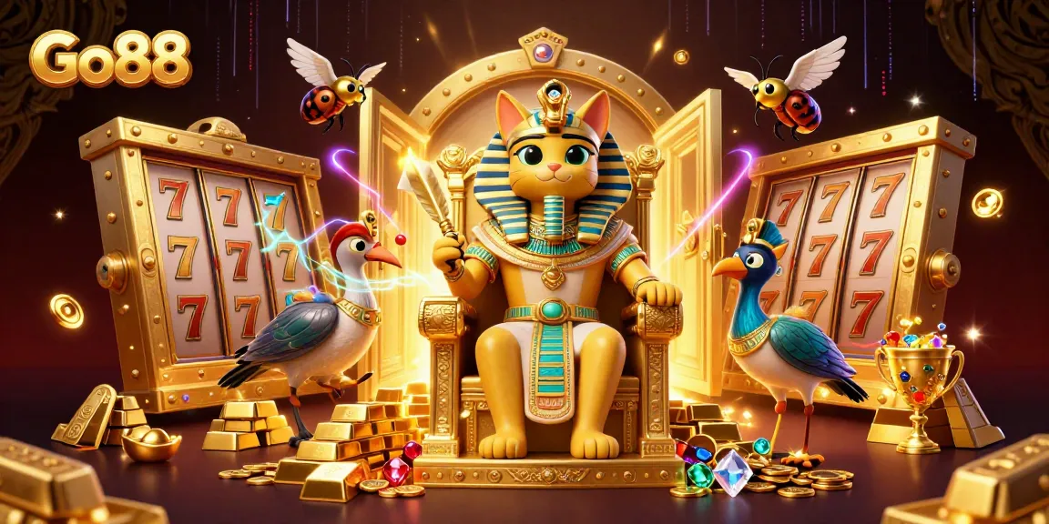 Go88’s vibrant 3D illustration featuring an Egyptian pharaoh cat and slot elements amidst treasure.