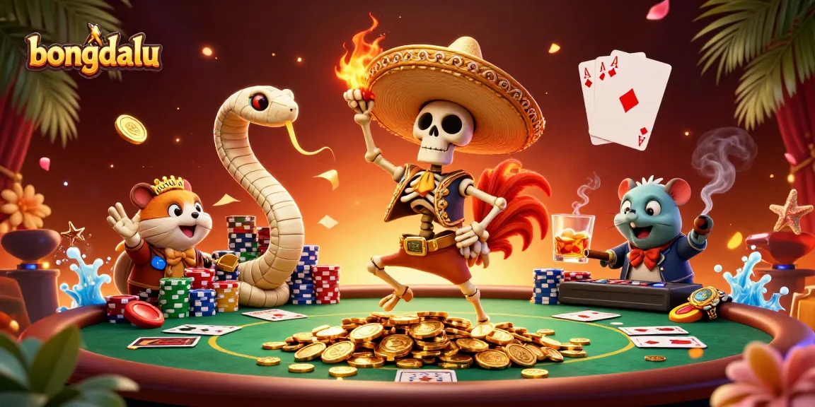 Bongdalu features a lively victory scene with a mariachi rooster, mummy snake, and DJ hamster celebrating on poker tables.
