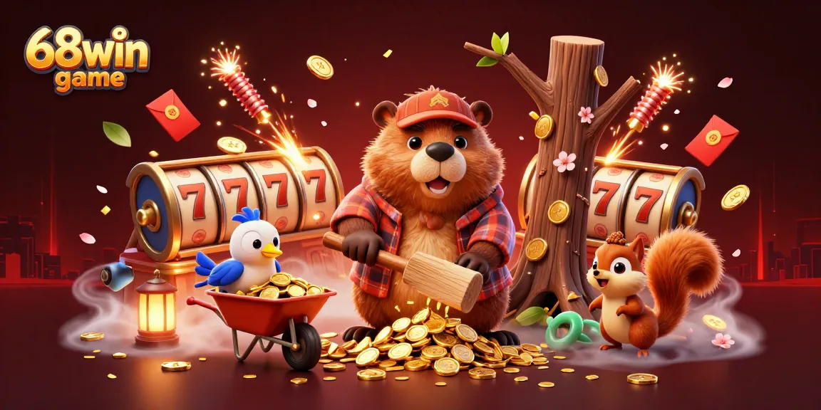 Experience the excitement of the 68win game with a cartoon lumberjack beaver amidst jackpots and flowing coins.