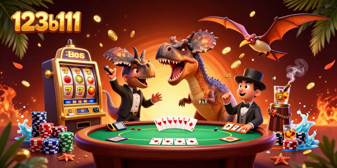 Experience the thrill of 123b111 with a dinosaur-themed jackpot scene featuring action from a golden slot machine.