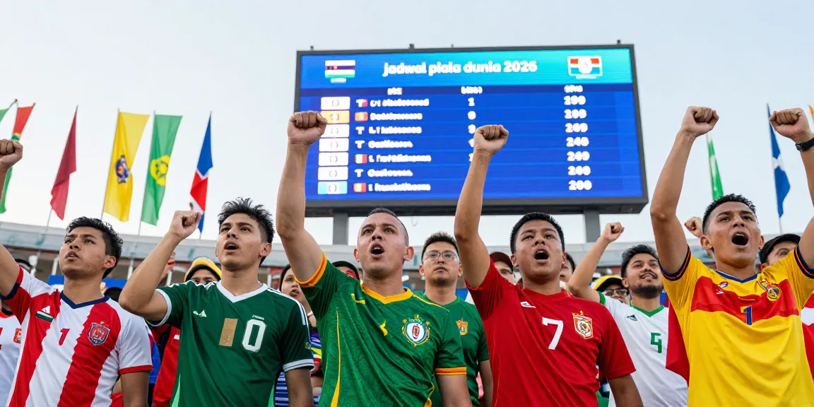 Penggemar merayakan jadwal Piala Dunia 2026 di stadion dengan semangat dan kebersamaan.