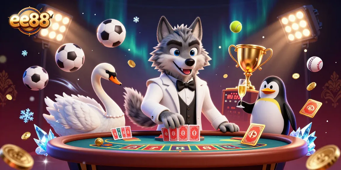 Experience ee88 excitement with elegant characters at a baccarat table amidst dynamic gaming elements.