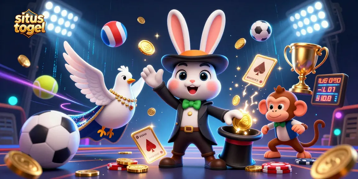 Situs togel yang menarik dengan kelinci pesulap dan uang emas muncul dari topi, dikelilingi bola olahraga.