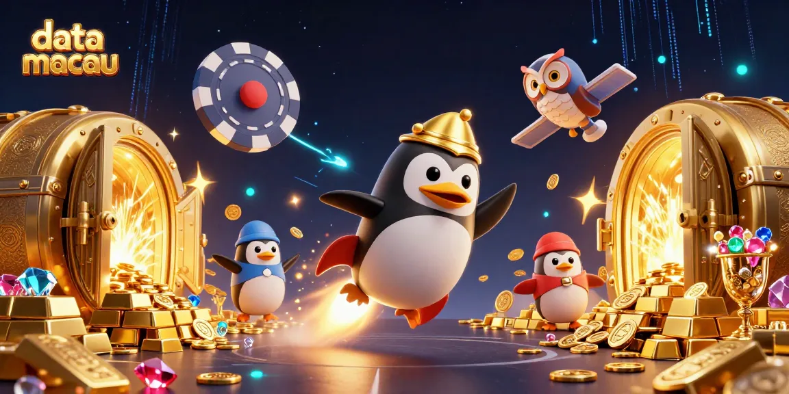 Menangkan jackpot dengan data macau di ilustrasi kasino futuristik yang menampilkan penguin emas berenergi.