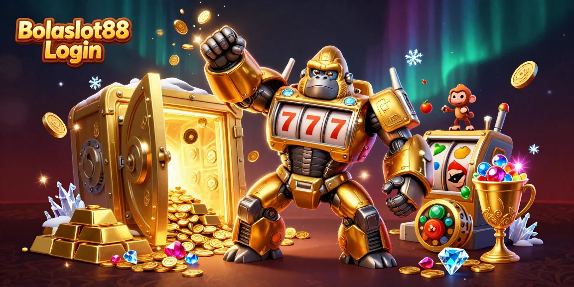 Bolaslot88 Login showcases an exciting 3D illustration of a golden gorilla mech amidst dazzling casino elements.