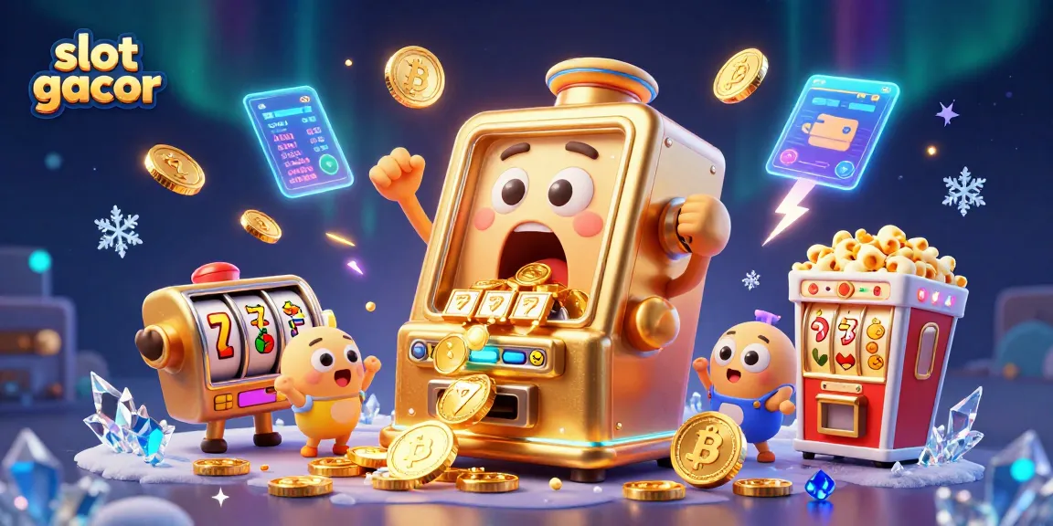 slot gacor: Mesin slot emas kartun merayakan jackpot dengan koin berkilauan dan mesin kecil bersorak.