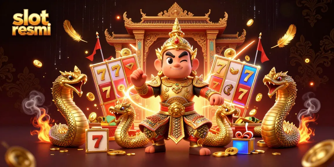 Slot resmi menyajikan penjaga kuil 3D berarmor emas dan naga bersinar, dikelilingi elemen slot dan koin emas