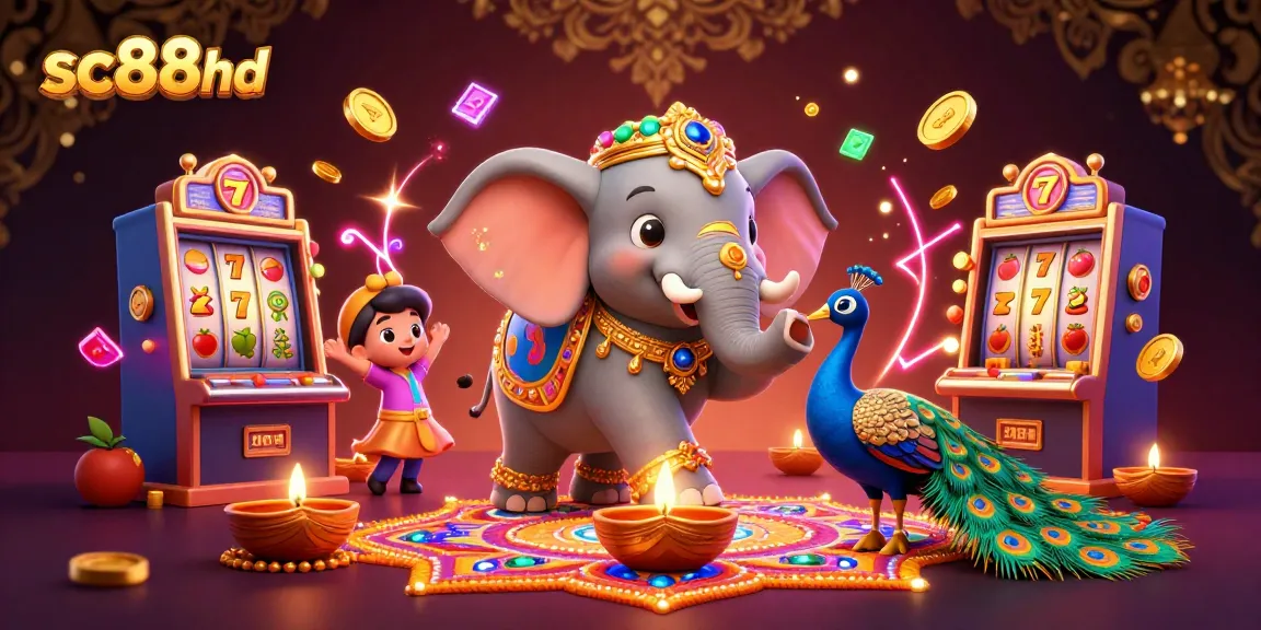 Engage with sc88hd's vibrant slot machine scene, featuring a Diwali-themed elephant and peacock.